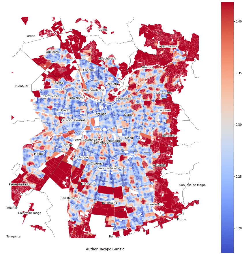 Average distance to the nearest 10 stops or stations in Santiago