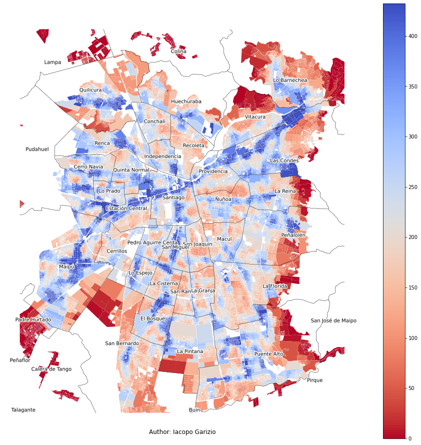 Average number of buses or trains within 900m in Santiago