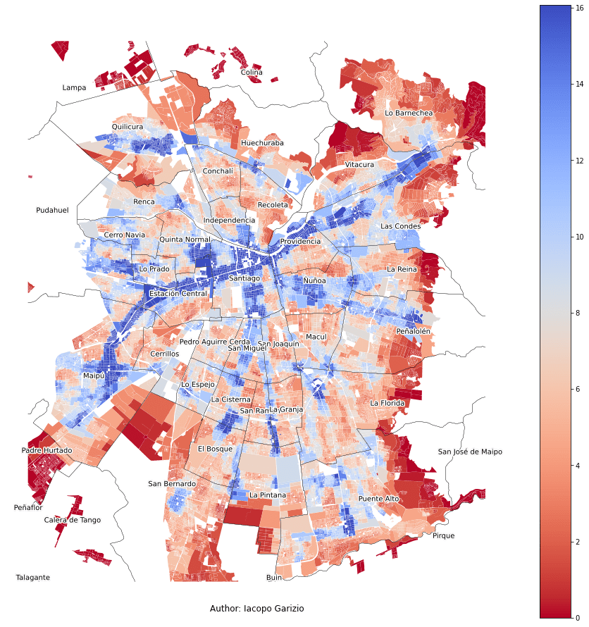 Average number of unique bus routes or Metro lines within 900m in Santiago