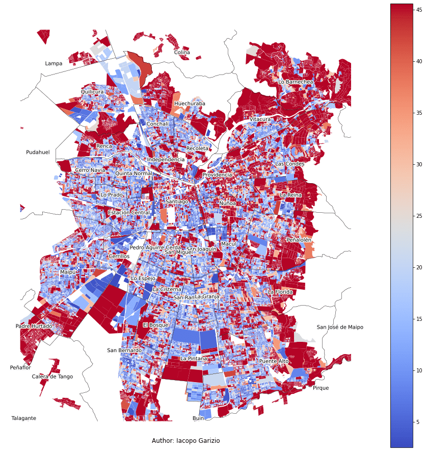 Summed distance to the nearest stop or station in Santiago